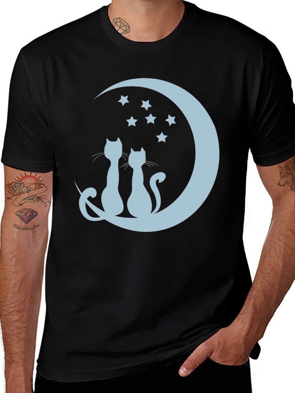 Cats On Moon Graphic Tee - Black Unisex T-Shirt