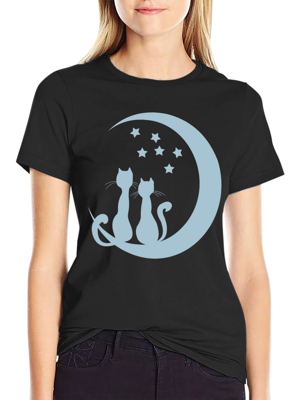 Cats On Moon Graphic Tee - Black Unisex T-Shirt