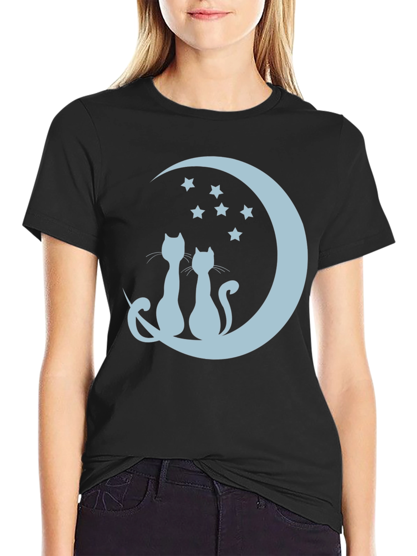 Cats On Moon Graphic Tee - Black Unisex T-Shirt