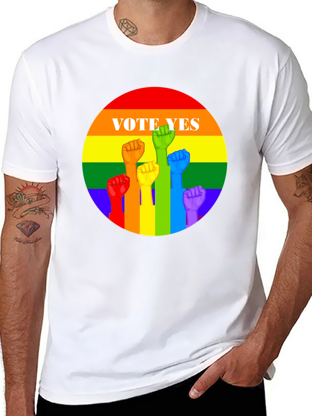 Vote Yes Pride T-Shirt - Rainbow Fist Design
