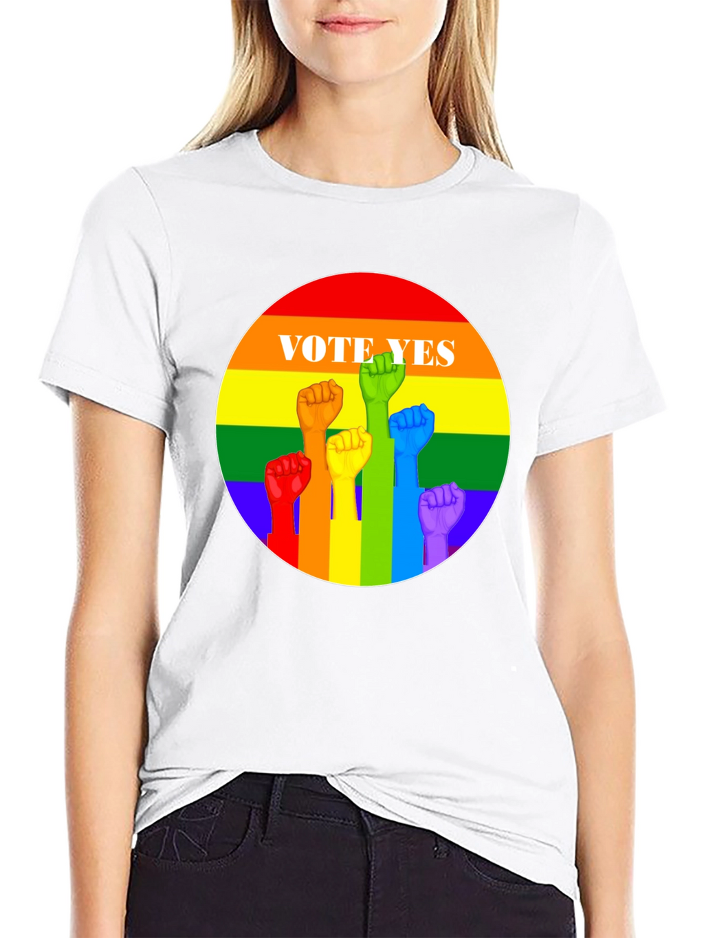 Vote Yes Pride T-Shirt - Rainbow Fist Design