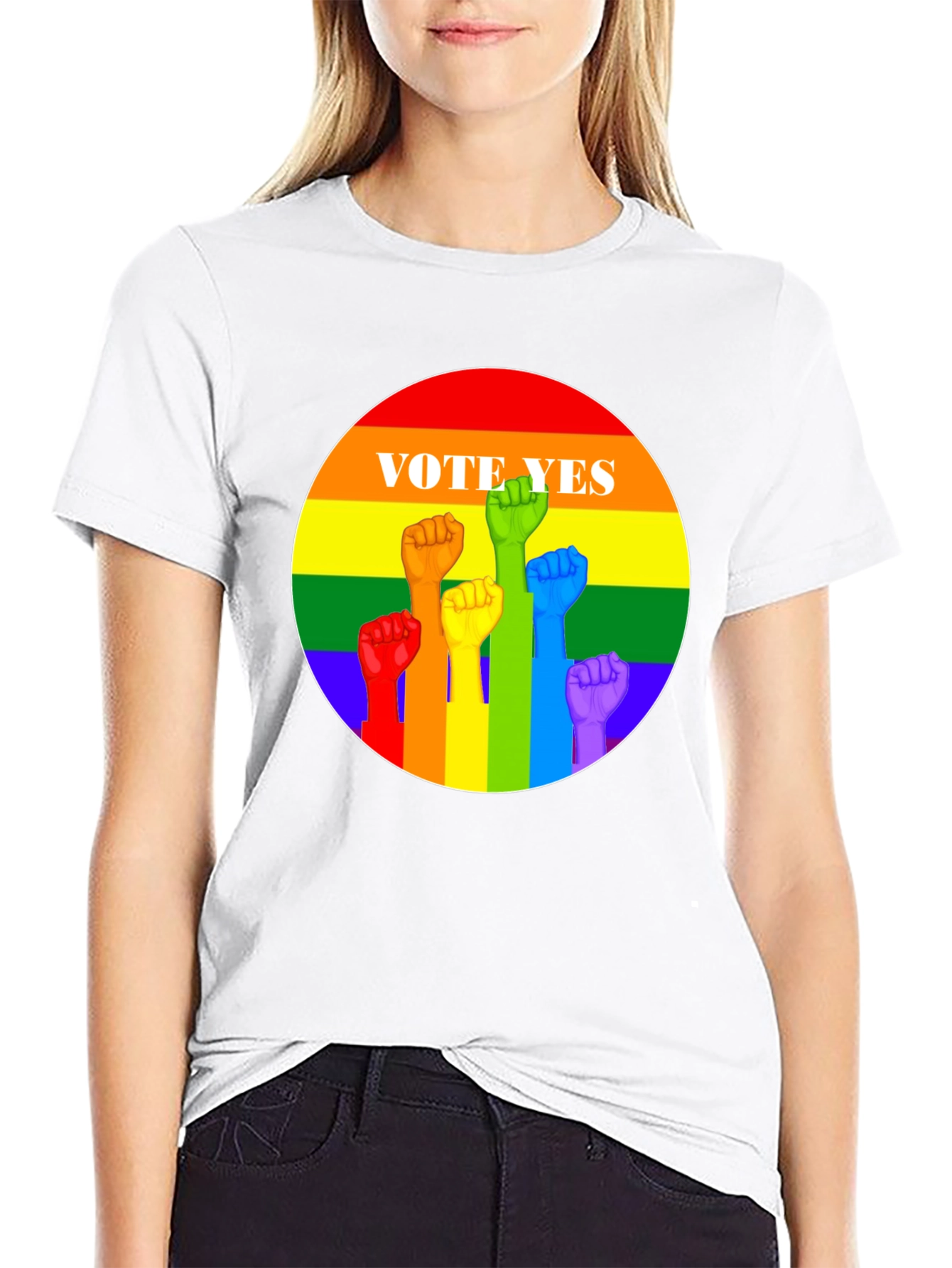 Vote Yes Pride T-Shirt - Rainbow Fist Design