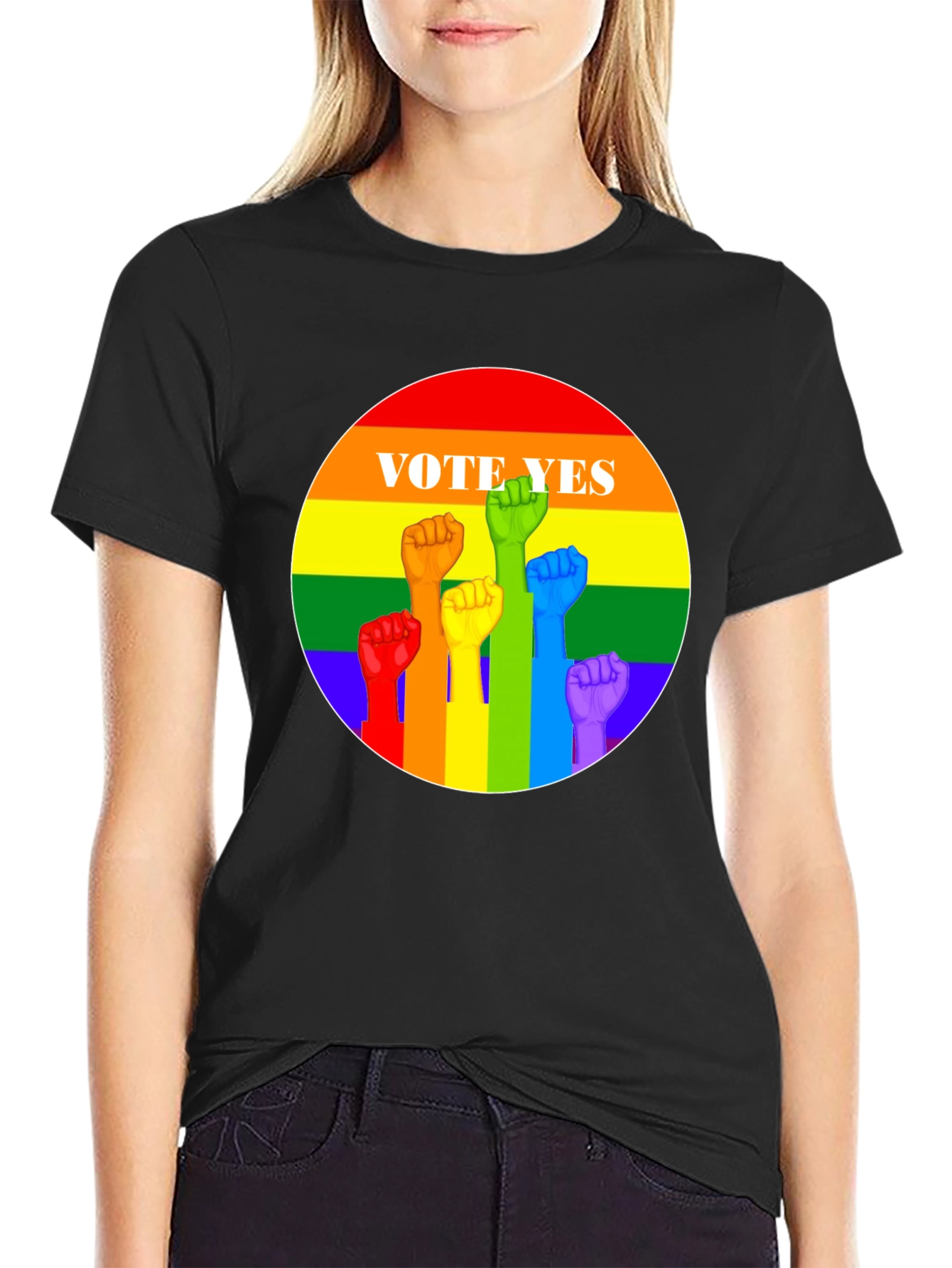 Vote Yes Pride T-Shirt - Rainbow Fist Design