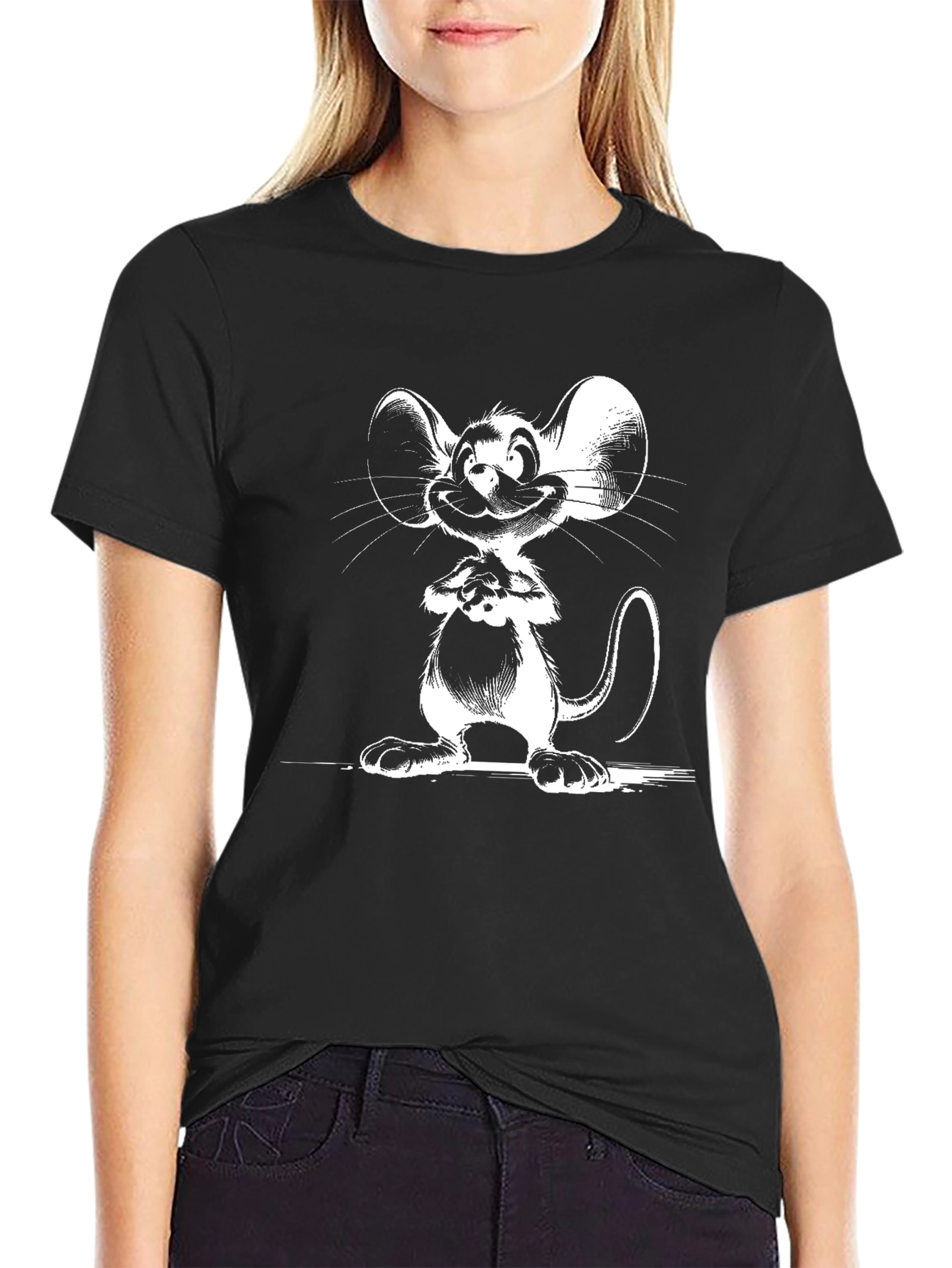 Cartoon Mouse Graphic Tee - Black Cotton T-Shirt