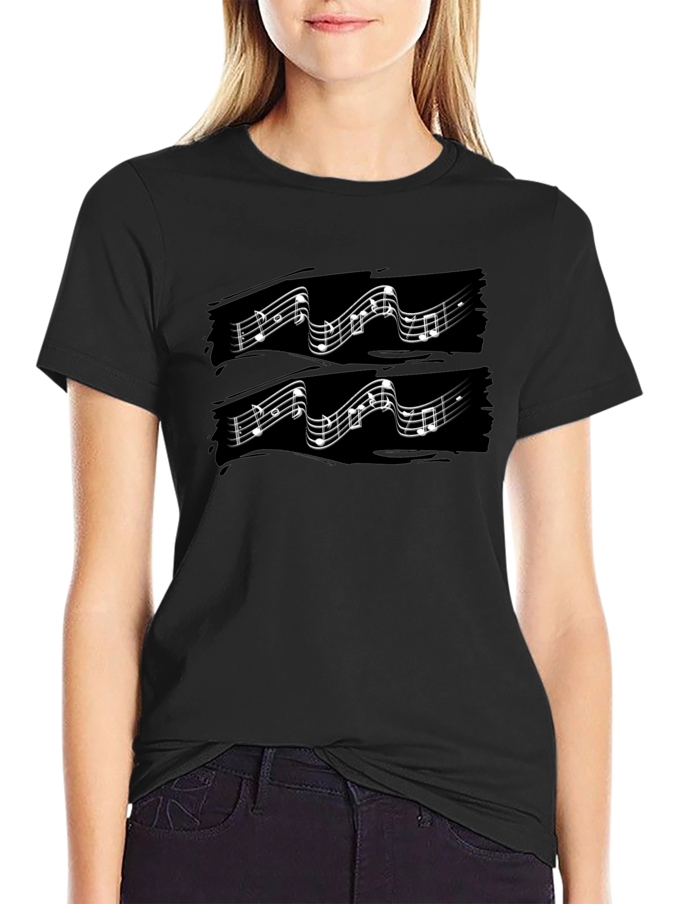 Musical Note Graphic Print Black T-Shirt