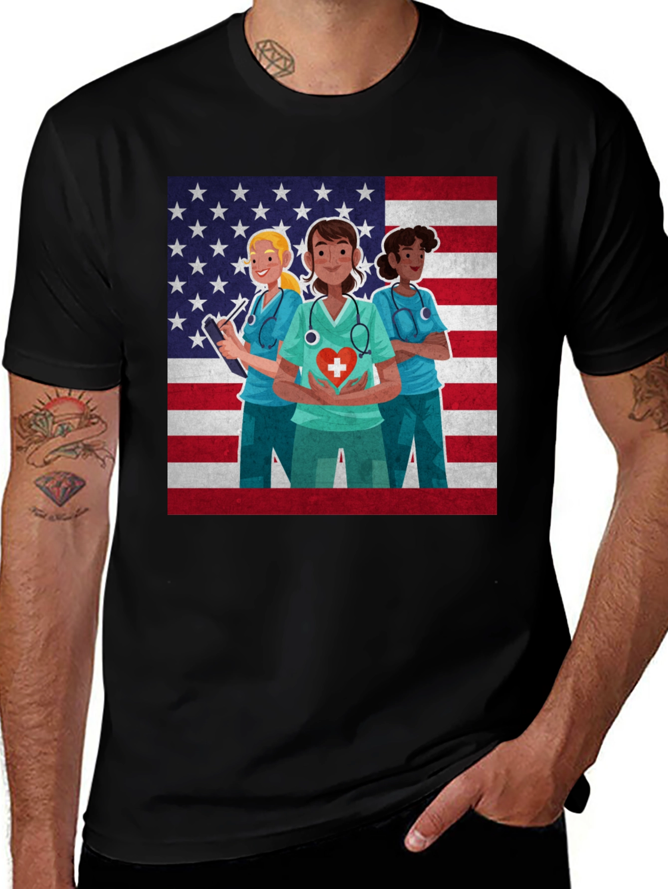 American Nurse Graphic Tee - Black Crew Neck