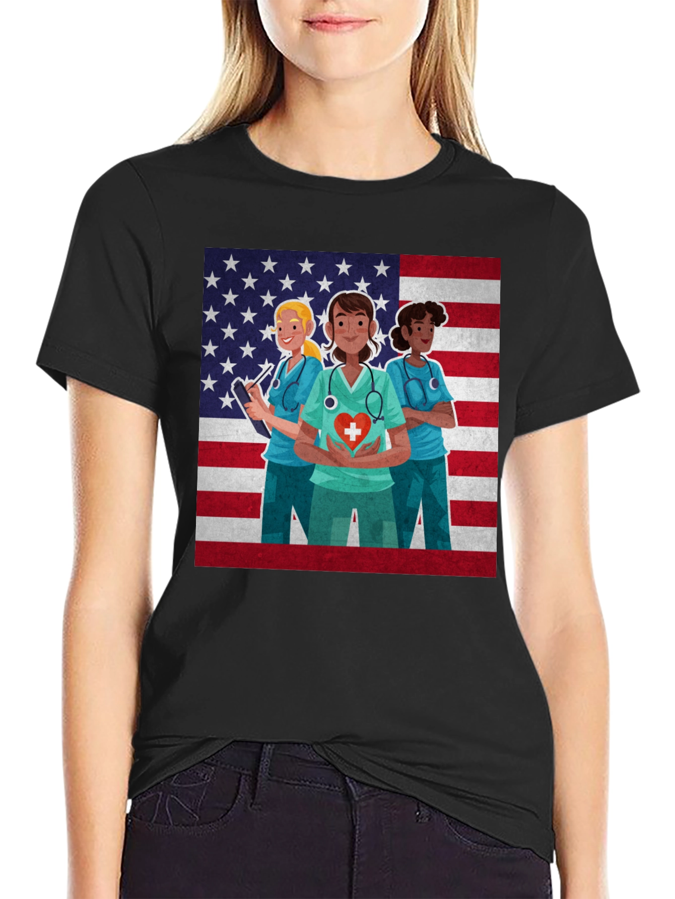 American Nurse Graphic Tee - Black Crew Neck