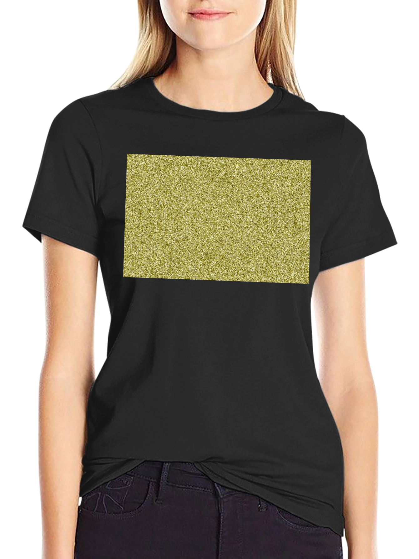 Black Tee with Gold Glitter Rectangle Design