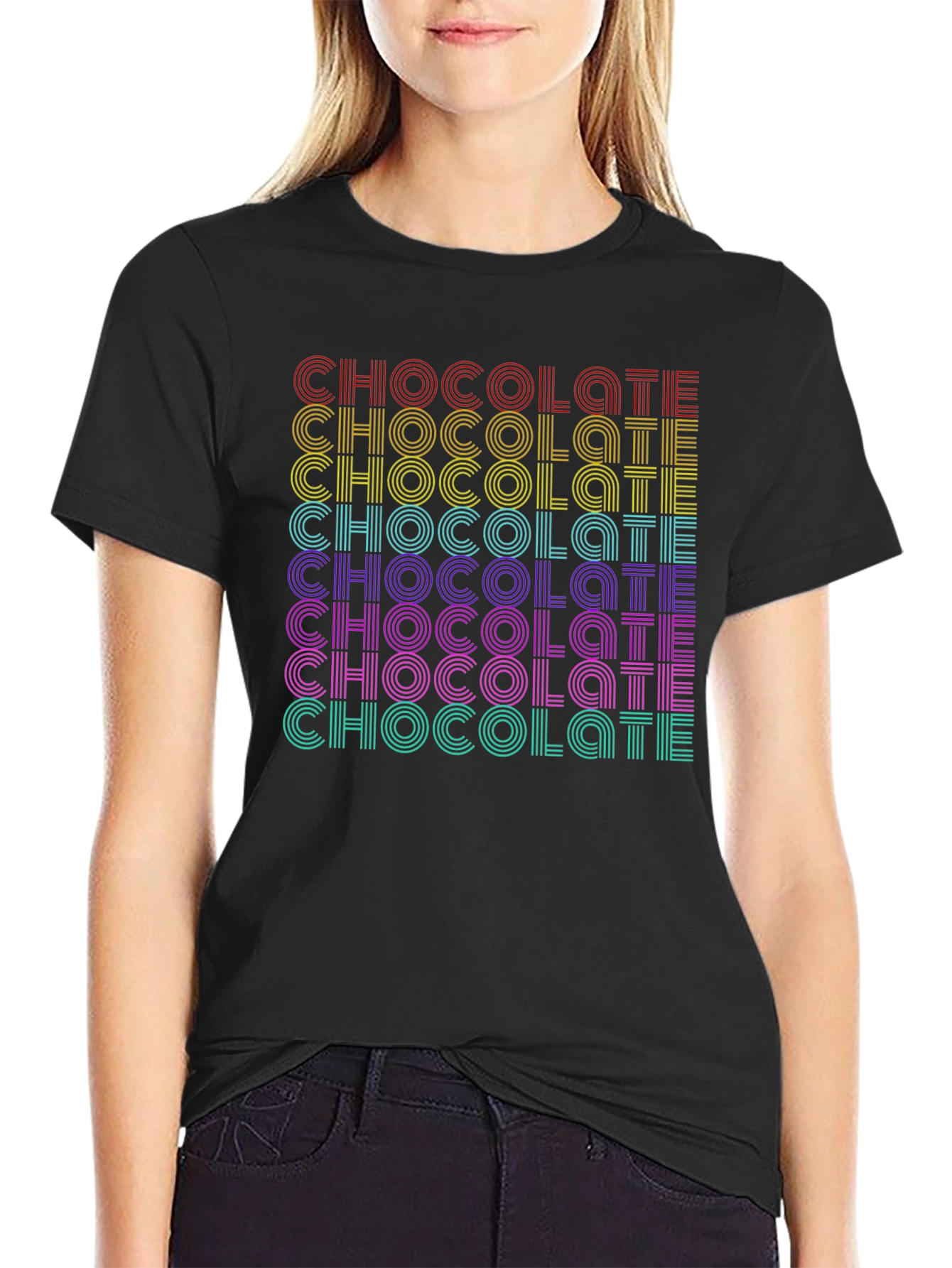 Retro Chocolate Graphic Tee - Bold Rainbow Design