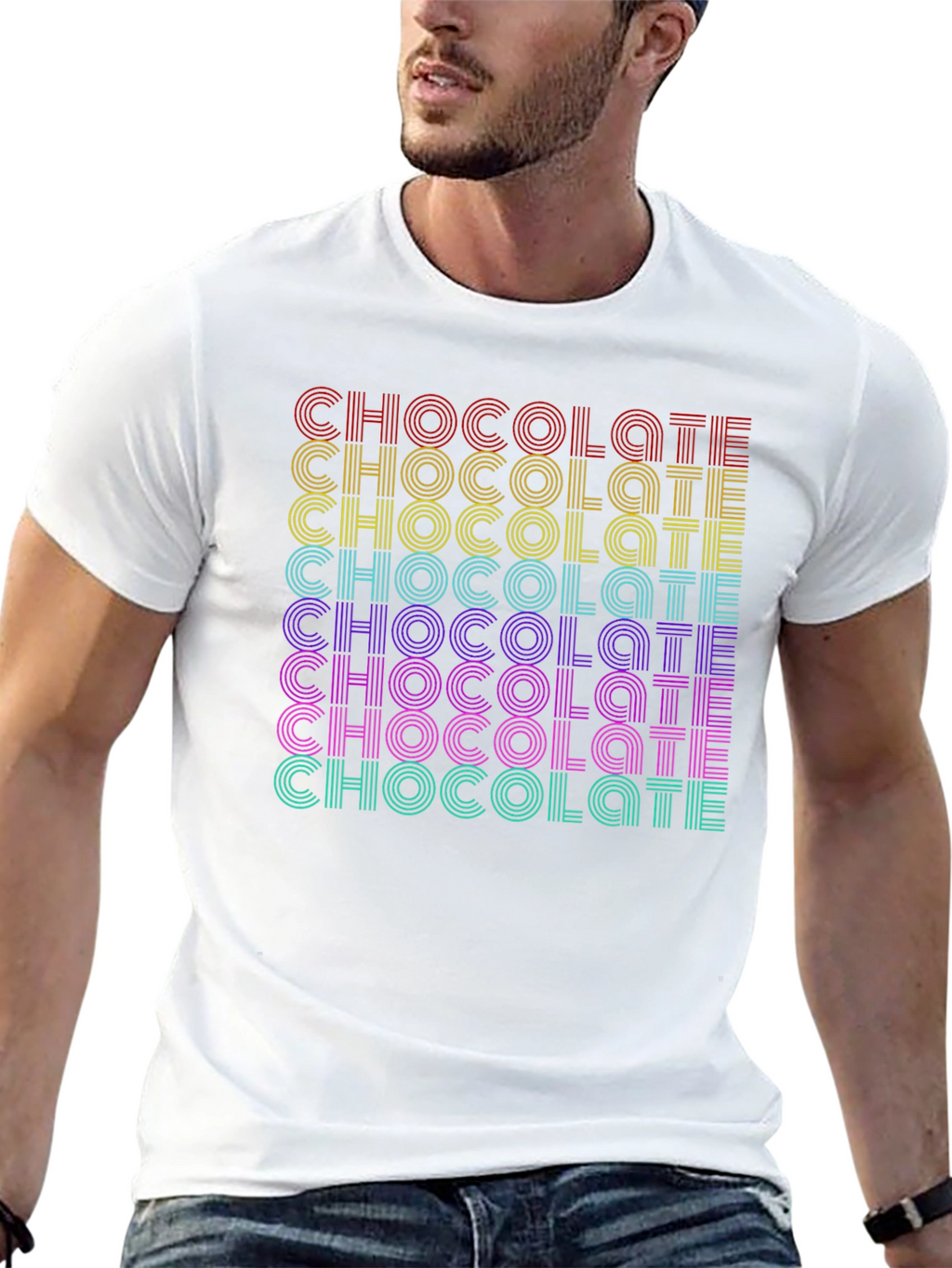 Retro Chocolate Graphic Tee - Bold Rainbow Design