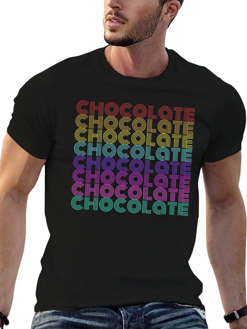 Retro Chocolate Graphic Tee - Bold Rainbow Design