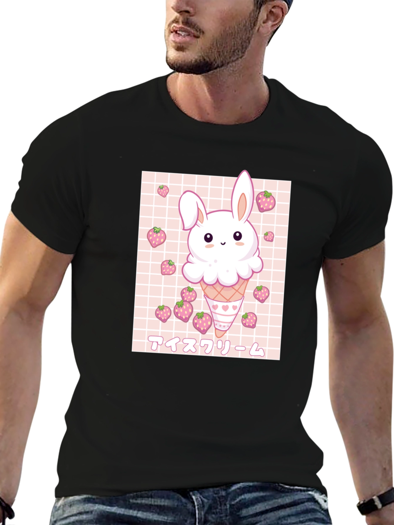 Kawaii Bunny Ice Cream Graphic Tee - Black