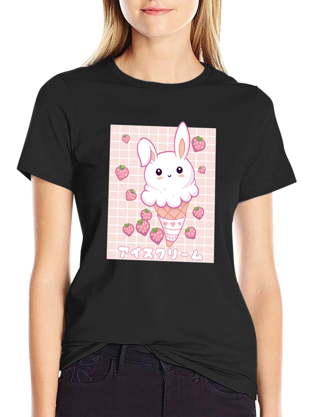 Kawaii Bunny Ice Cream Graphic Tee - Black