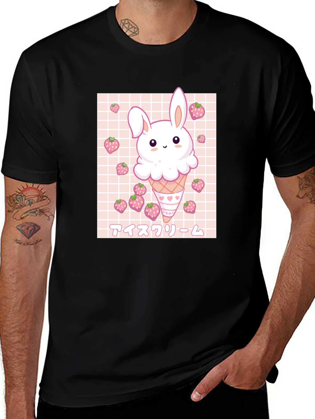 Kawaii Bunny Ice Cream Graphic Tee - Black