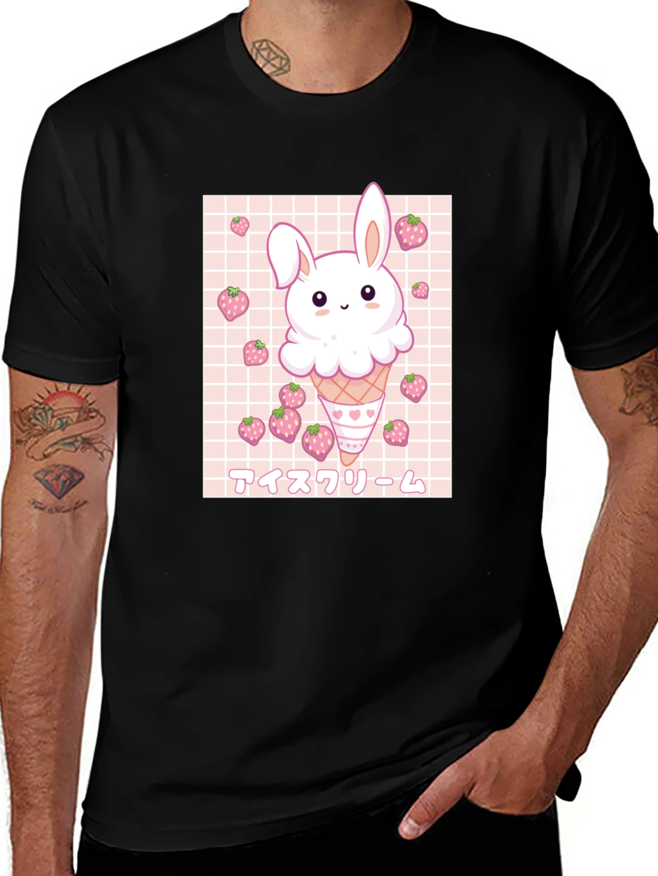 Kawaii Bunny Ice Cream Graphic Tee - Black