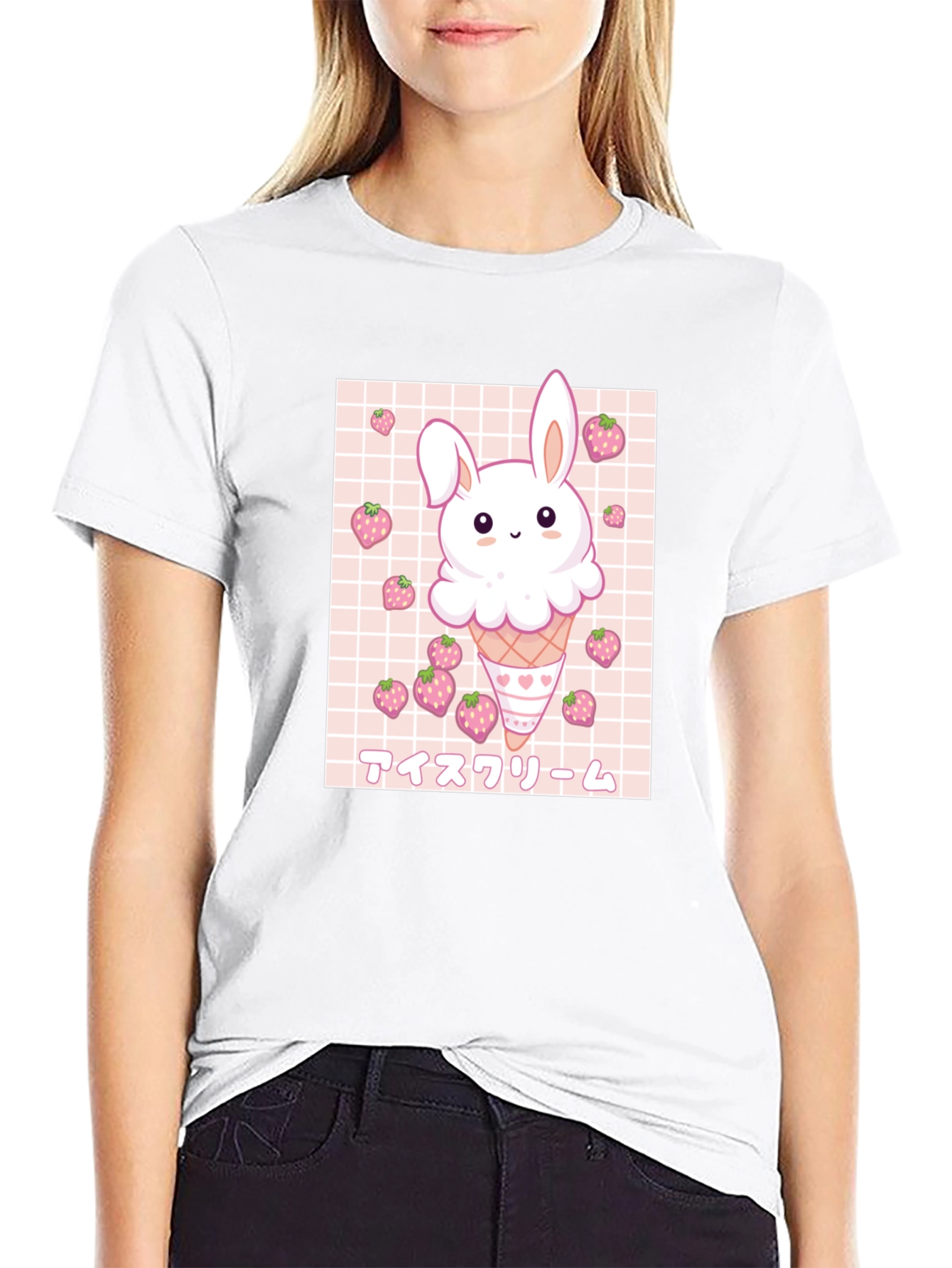 Kawaii Bunny Ice Cream Graphic Tee - Black