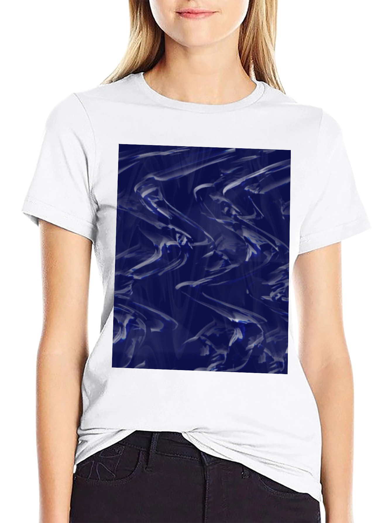 Abstract Blue Fluid Art Graphic Black T-Shirt