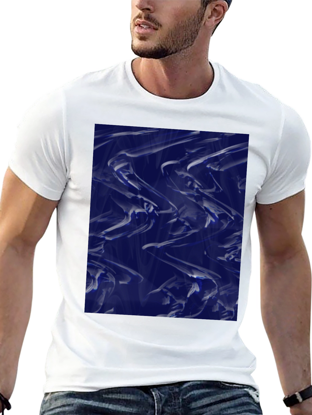 Abstract Blue Fluid Art Graphic Black T-Shirt