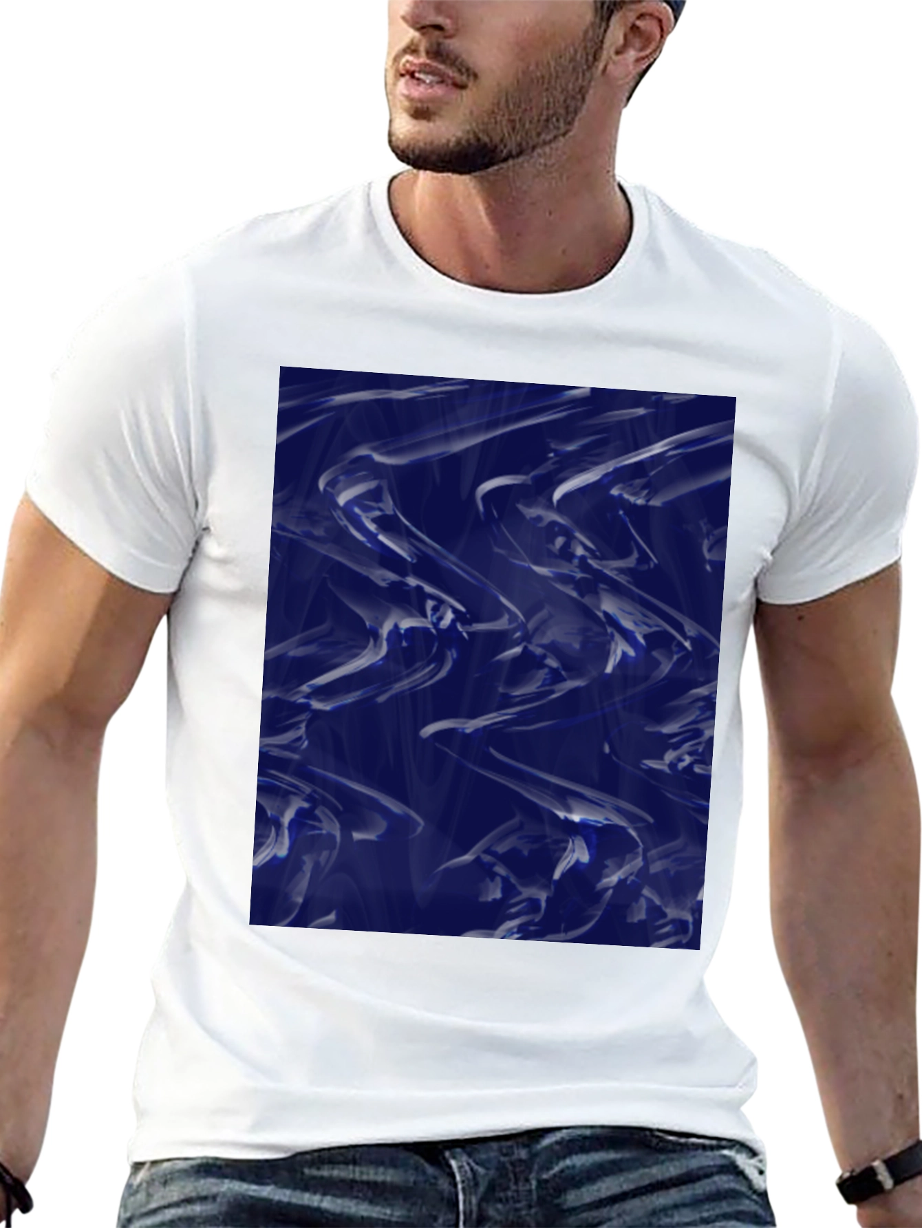 Abstract Blue Fluid Art Graphic Black T-Shirt