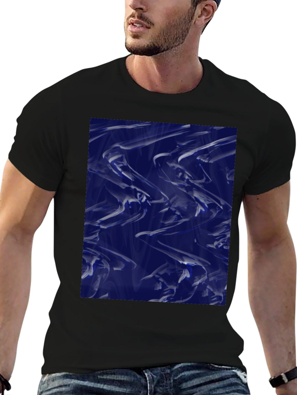 Abstract Blue Fluid Art Graphic Black T-Shirt