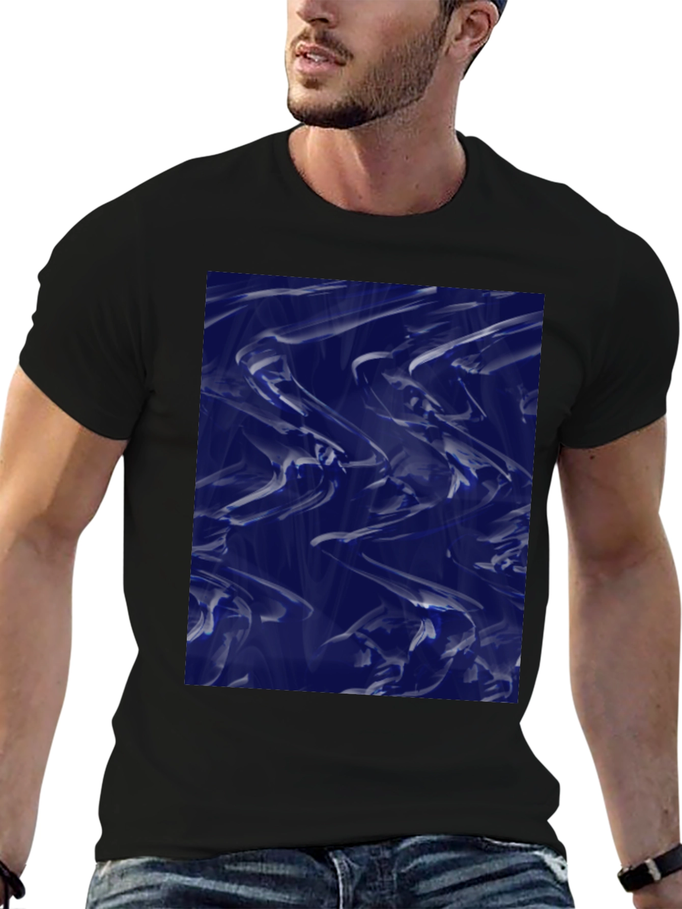 Abstract Blue Fluid Art Graphic Black T-Shirt