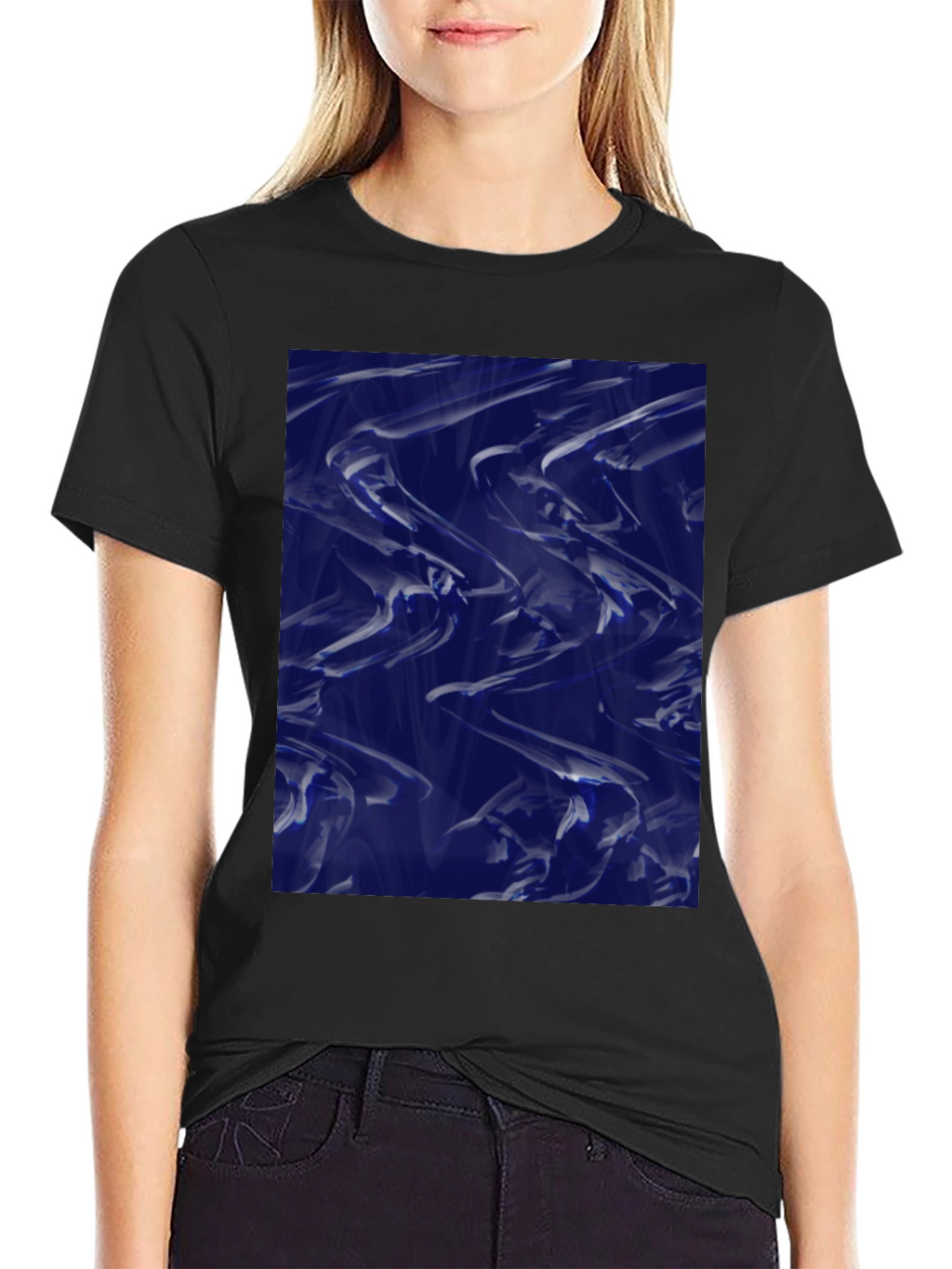 Abstract Blue Fluid Art Graphic Black T-Shirt