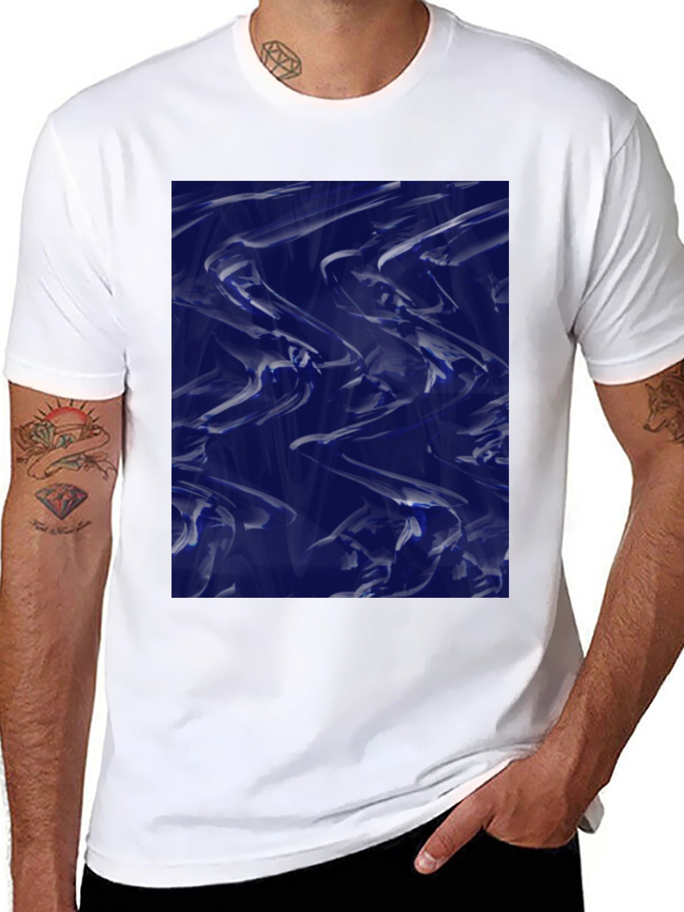 Abstract Blue Fluid Art Graphic Black T-Shirt