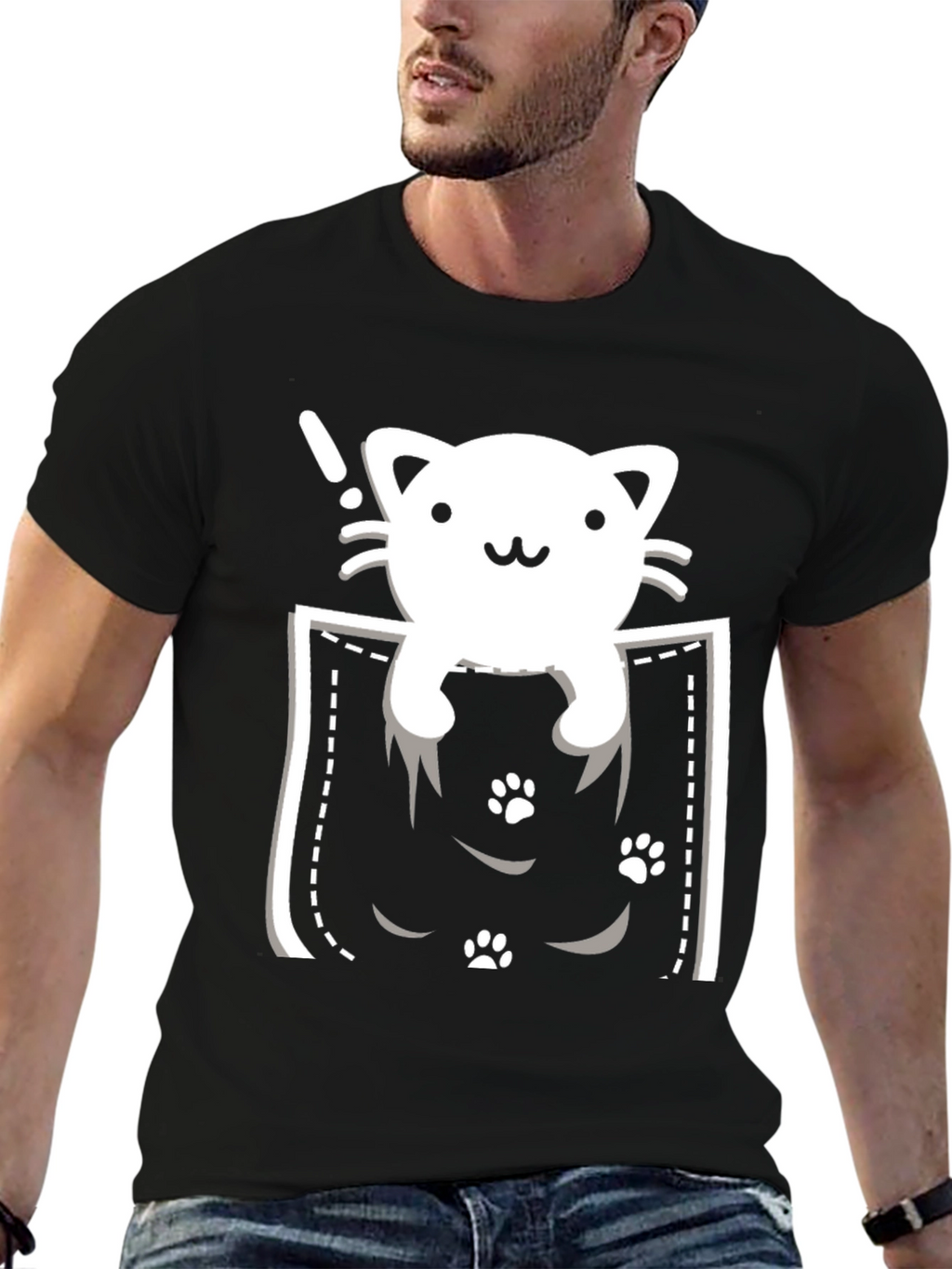Cute Cat Pocket T-Shirt - Black Tee
