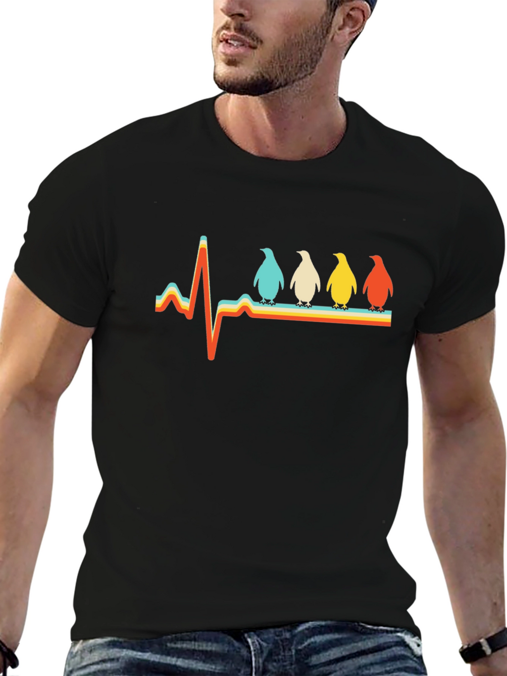 Penguin Heartbeat Retro Graphic T-Shirt