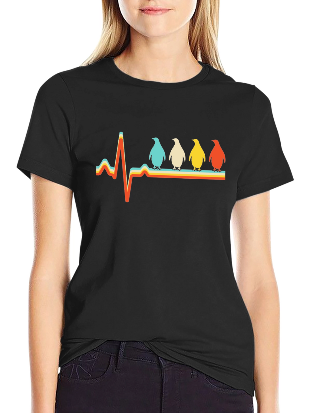 Penguin Heartbeat Retro Graphic T-Shirt
