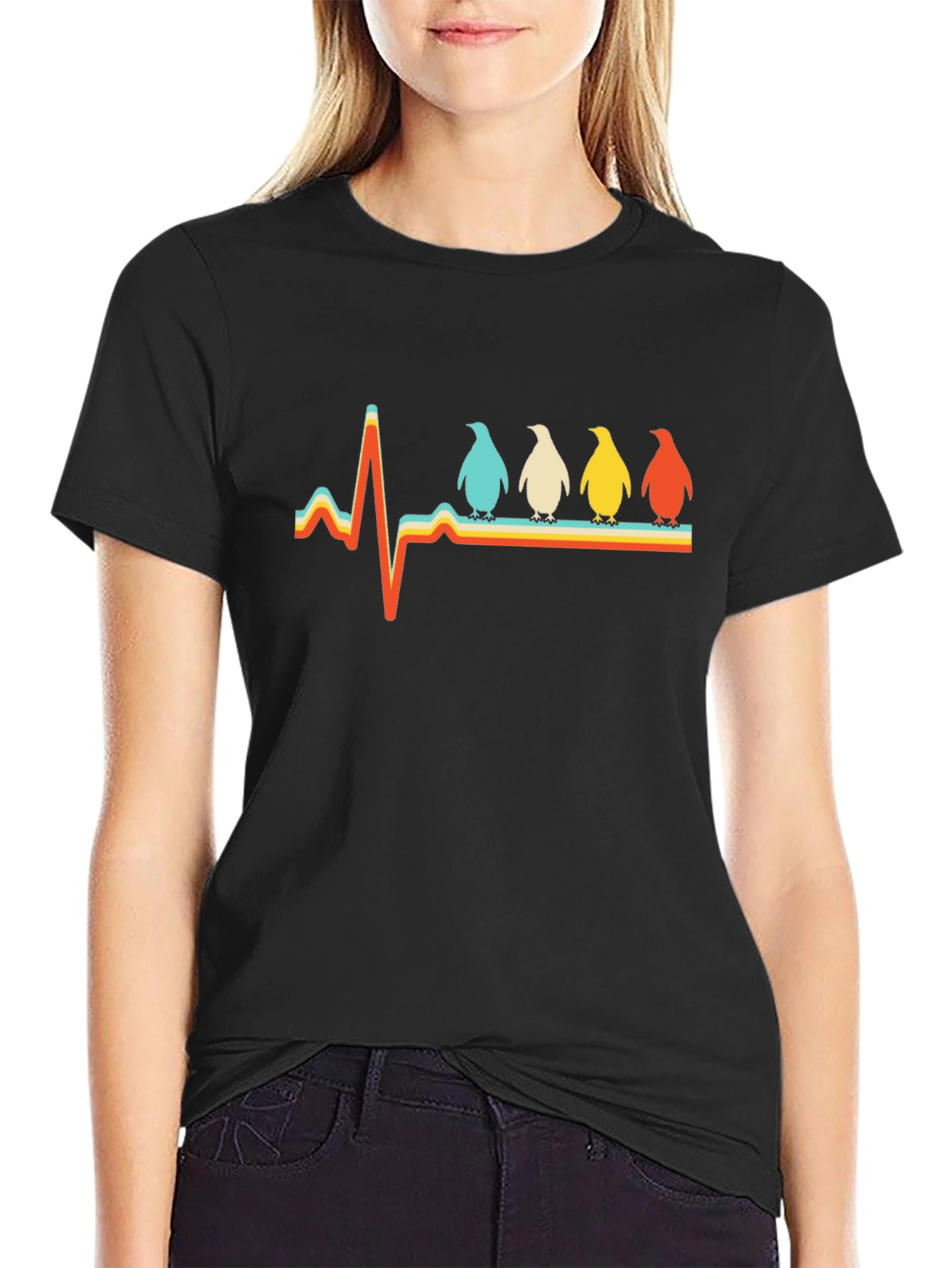 Penguin Heartbeat Retro Graphic T-Shirt