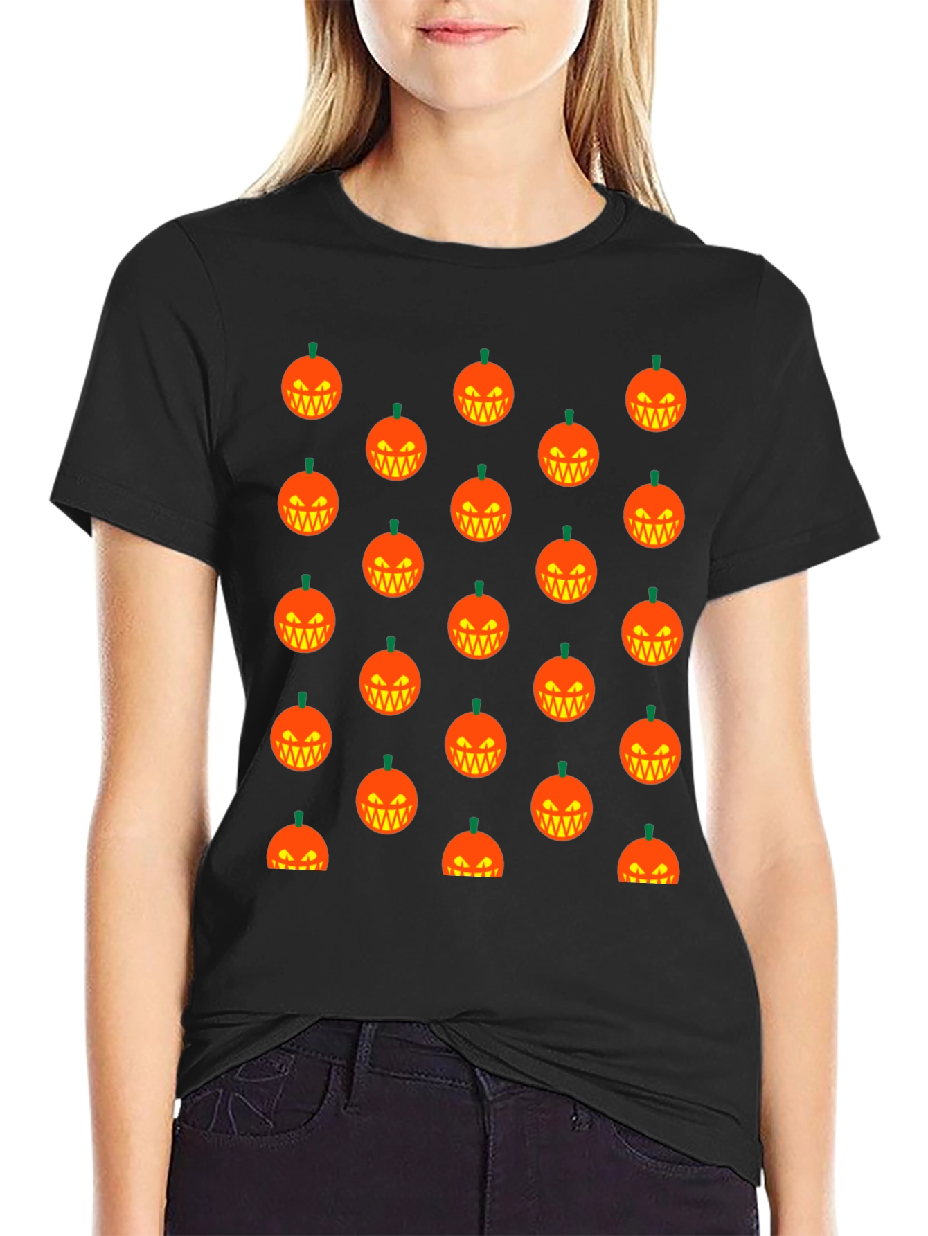 Halloween Pumpkin Pattern T-Shirt - Black