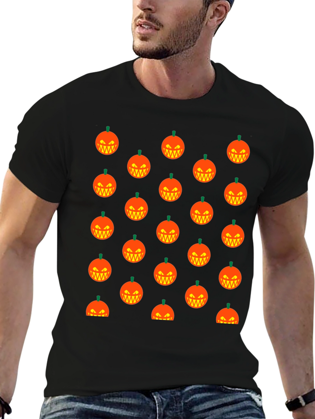 Halloween Pumpkin Pattern T-Shirt - Black