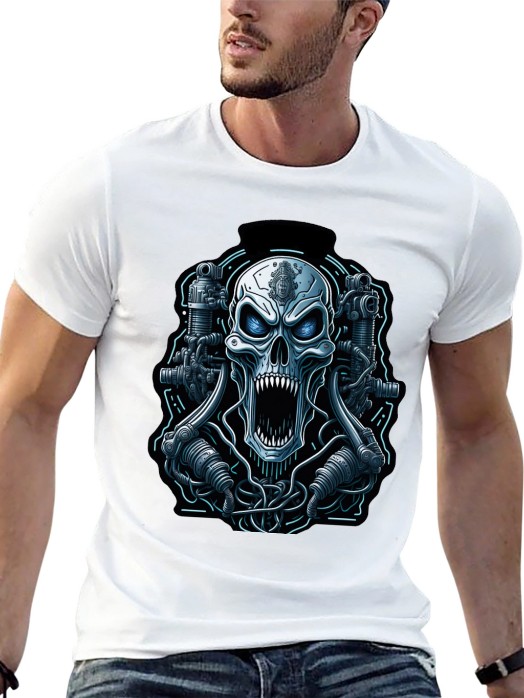 Cyberpunk Skull Graphic Tee - Mens Black T-Shirt