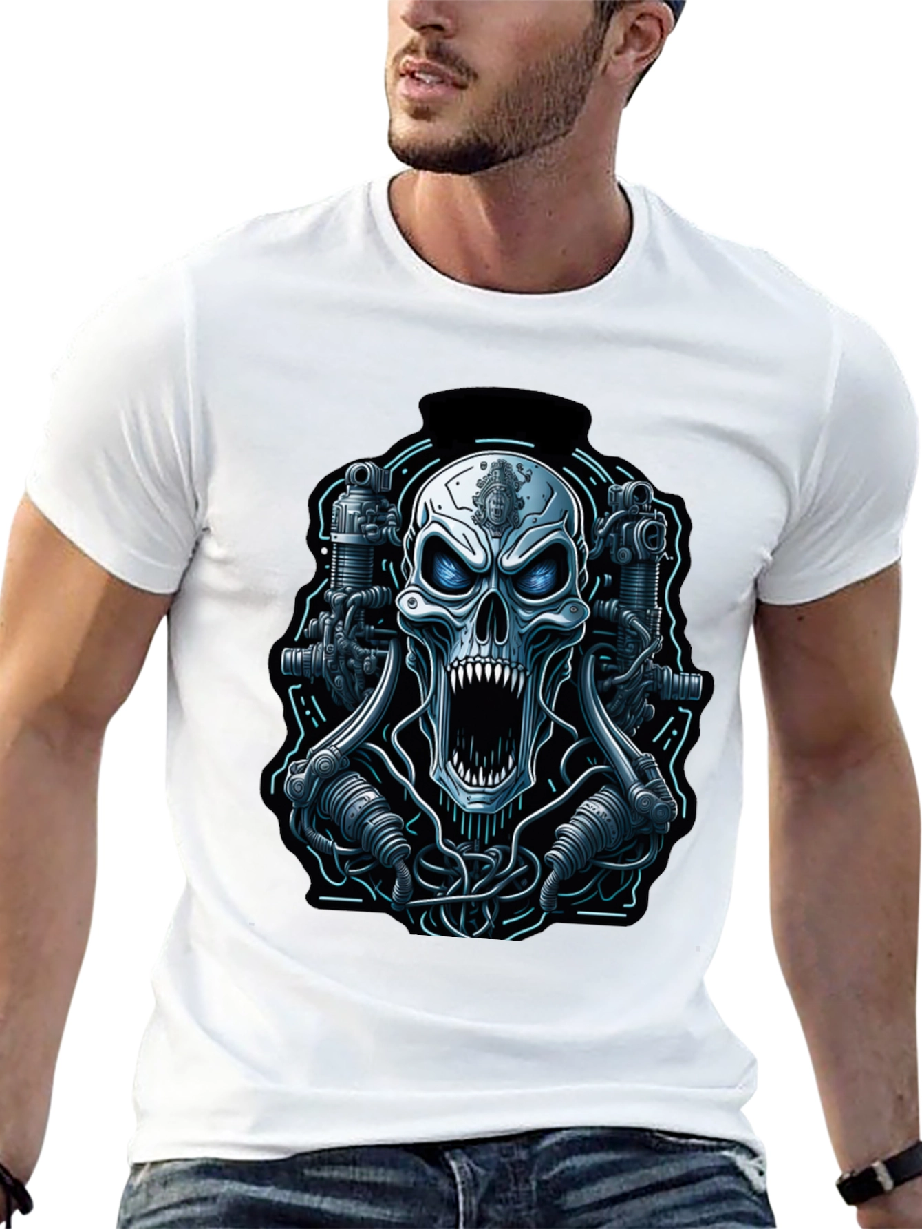 Cyberpunk Skull Graphic Tee - Mens Black T-Shirt
