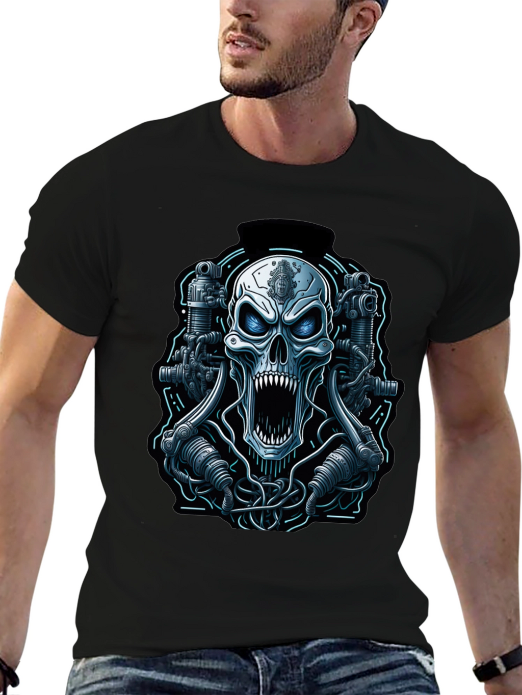 Cyberpunk Skull Graphic Tee - Mens Black T-Shirt