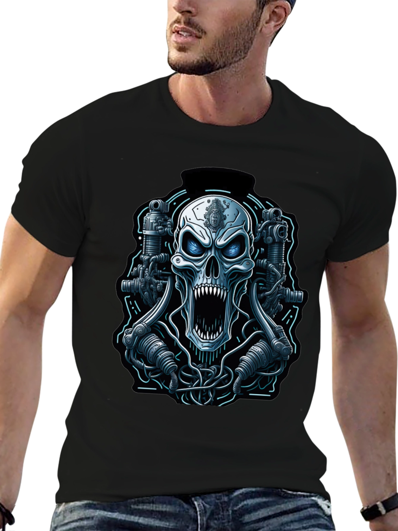Cyberpunk Skull Graphic Tee - Mens Black T-Shirt