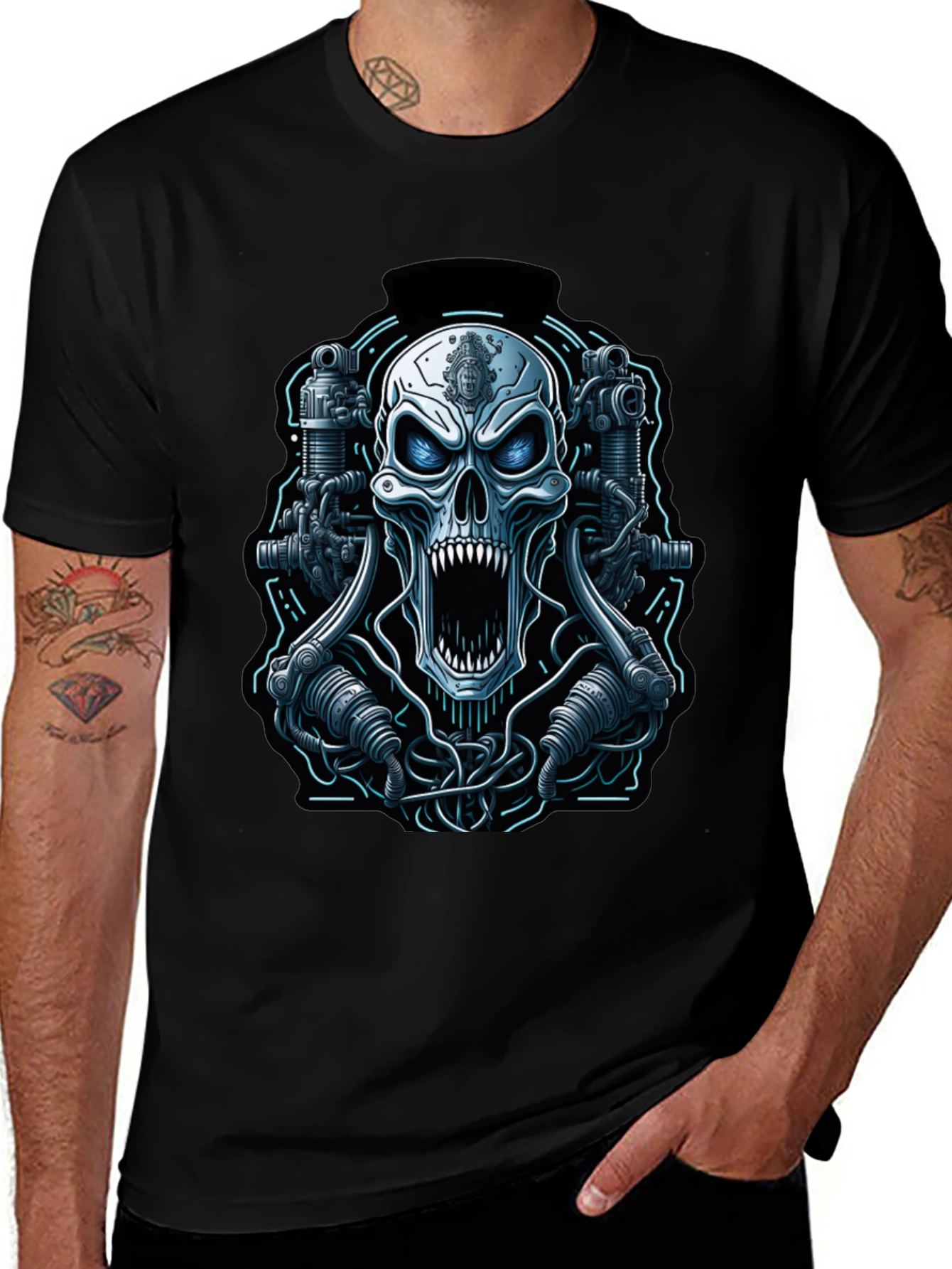 Cyberpunk Skull Graphic Tee - Mens Black T-Shirt
