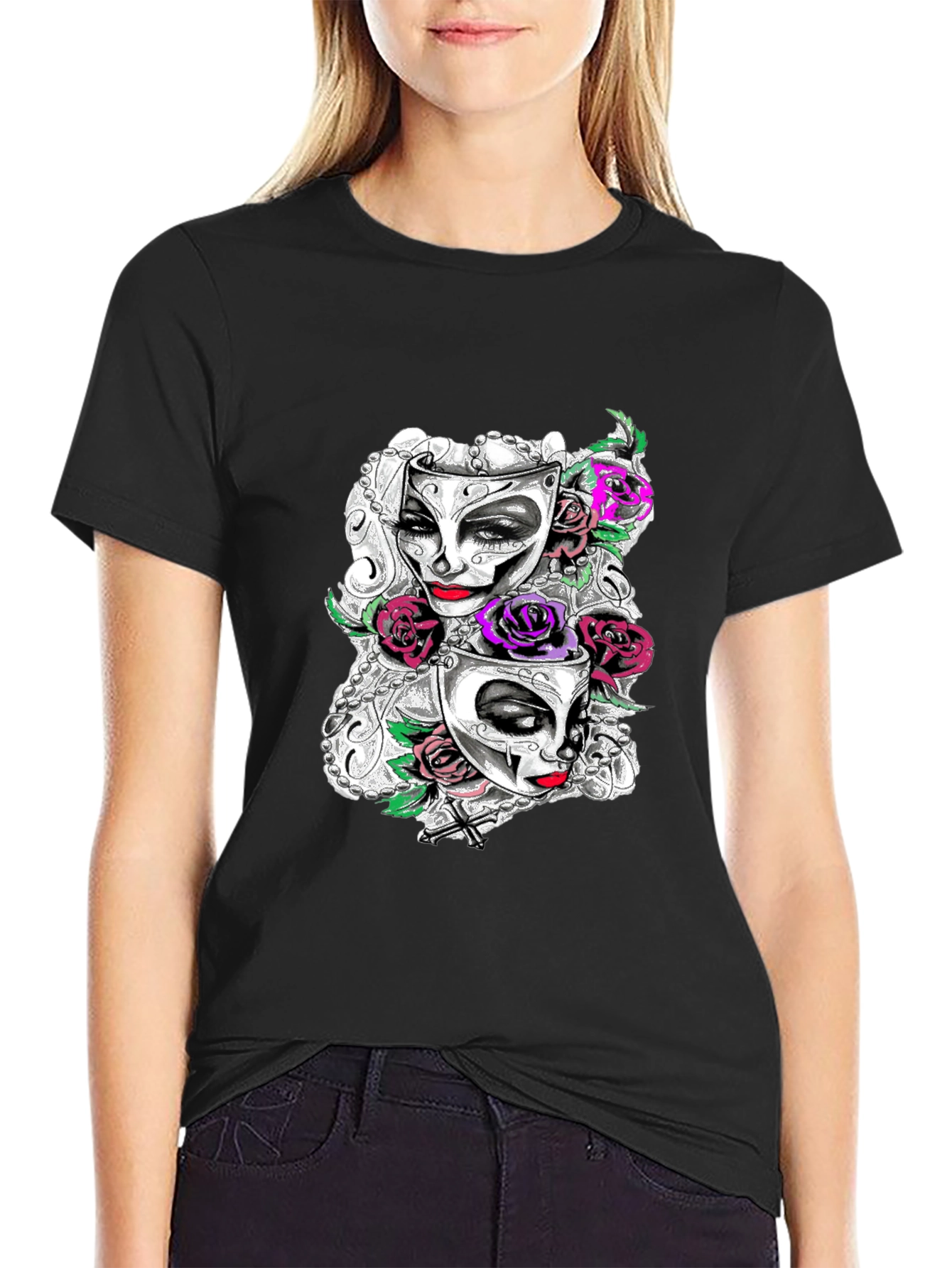 Masquerade Mask Roses Graphic T-Shirt