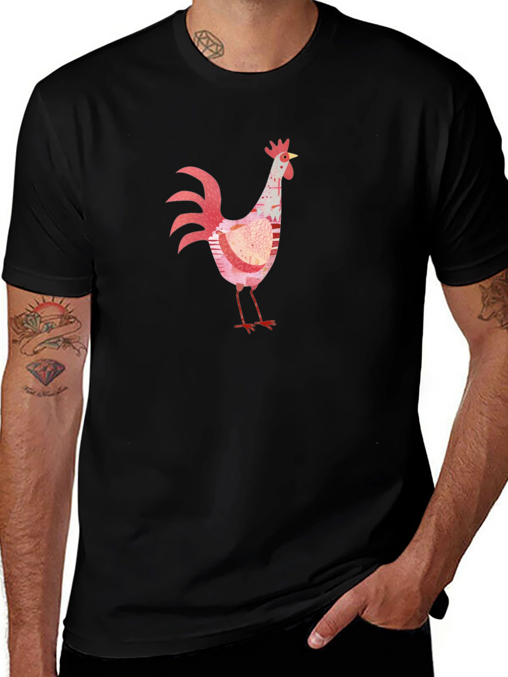 Whimsical Rooster Graphic Black T-Shirt