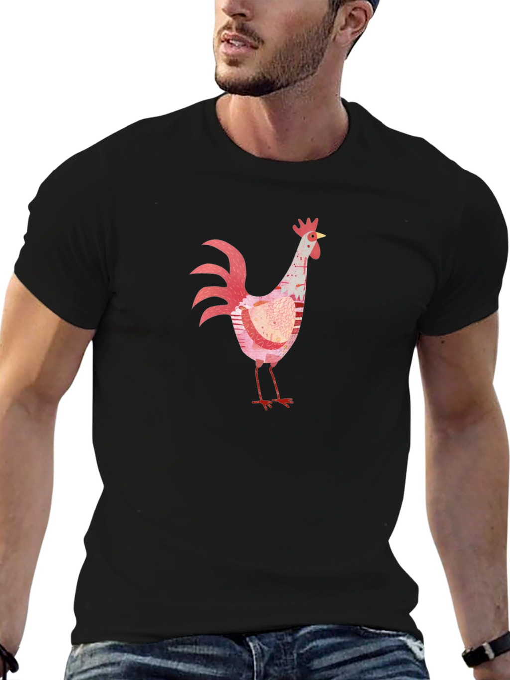 Whimsical Rooster Graphic Black T-Shirt