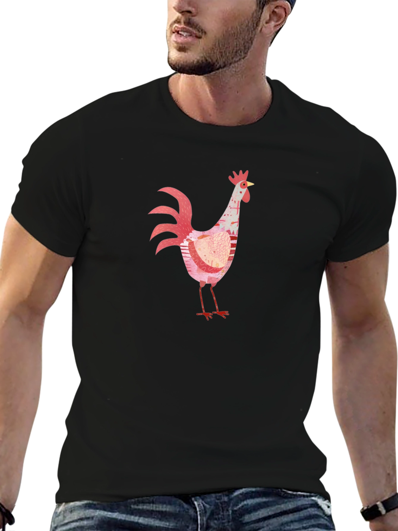 Whimsical Rooster Graphic Black T-Shirt