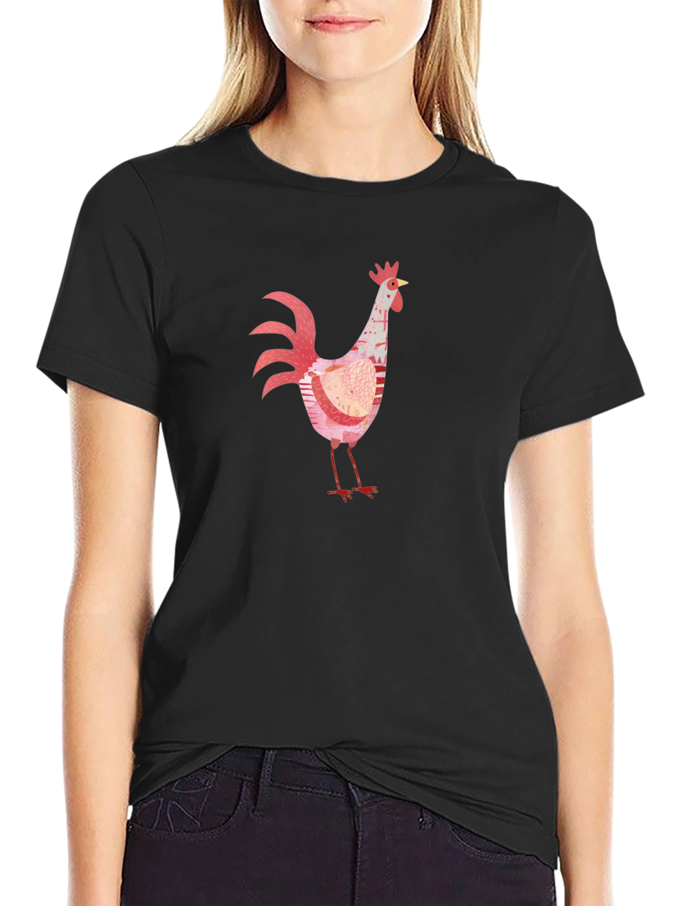 Whimsical Rooster Graphic Black T-Shirt