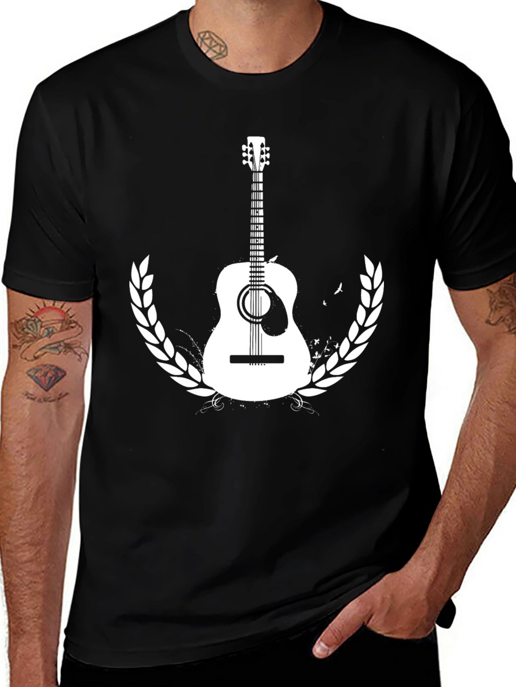 Guitar Graphic Tee - Black Cotton Casual T-Shirt
