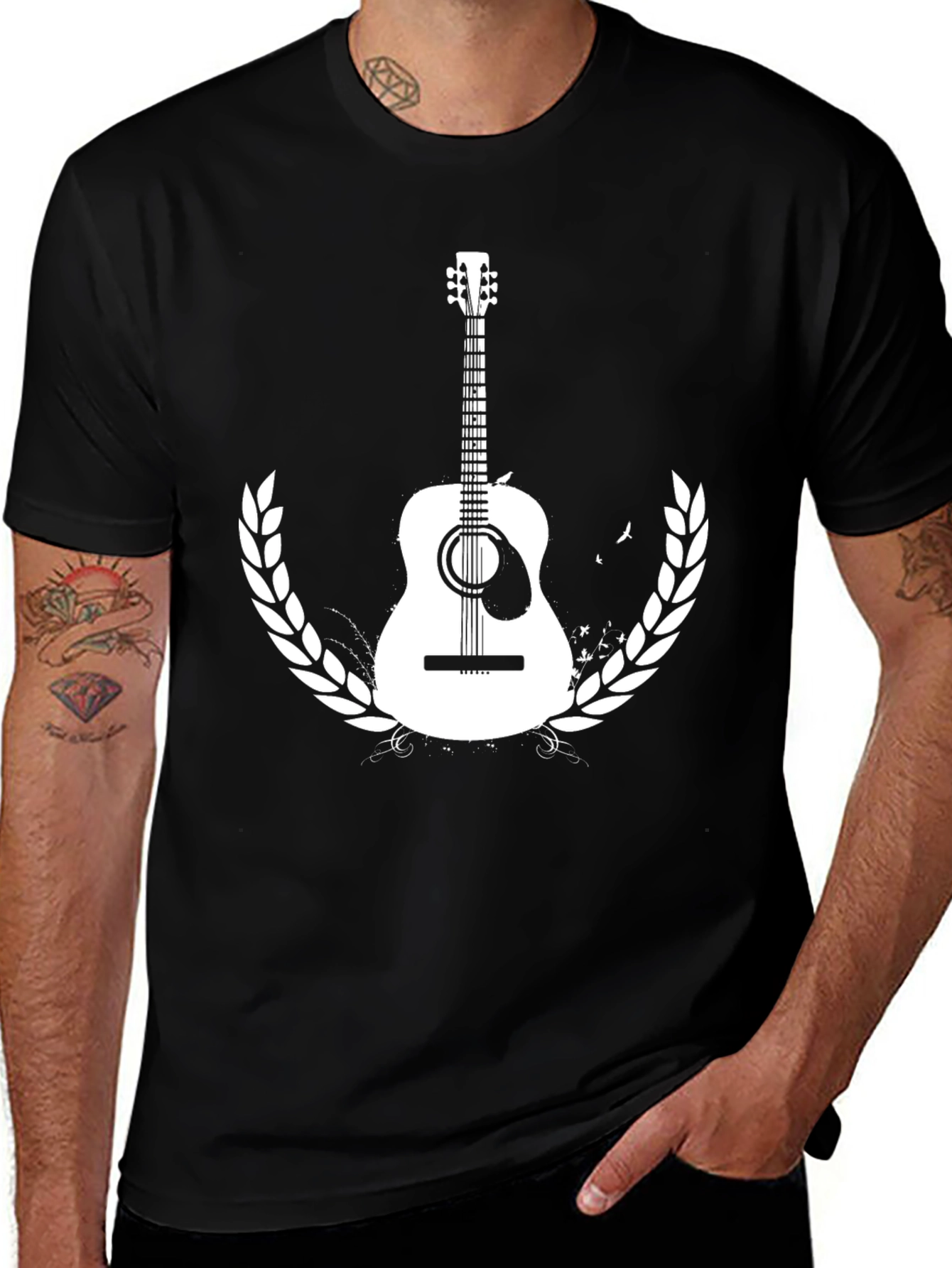 Guitar Graphic Tee - Black Cotton Casual T-Shirt