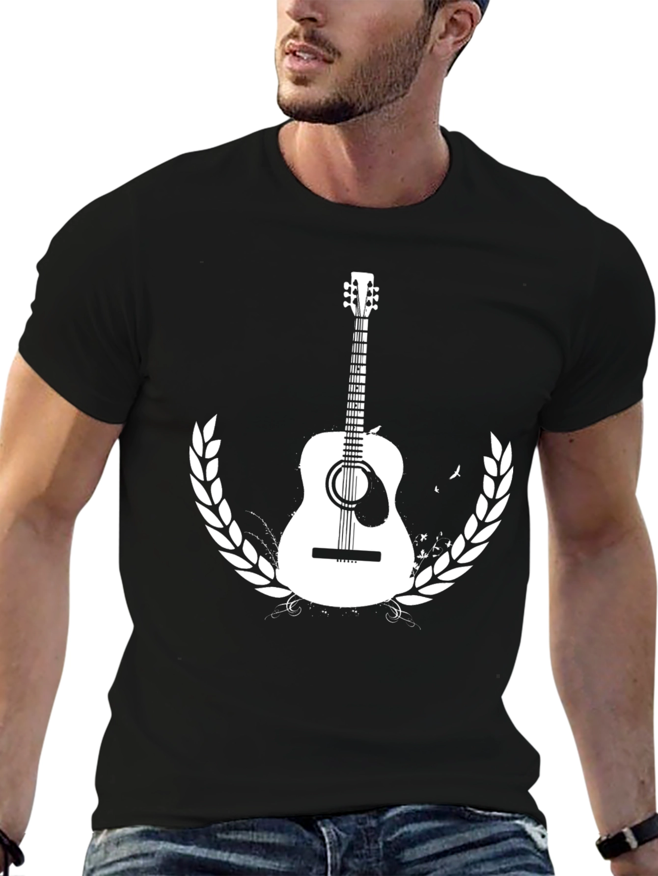 Guitar Graphic Tee - Black Cotton Casual T-Shirt