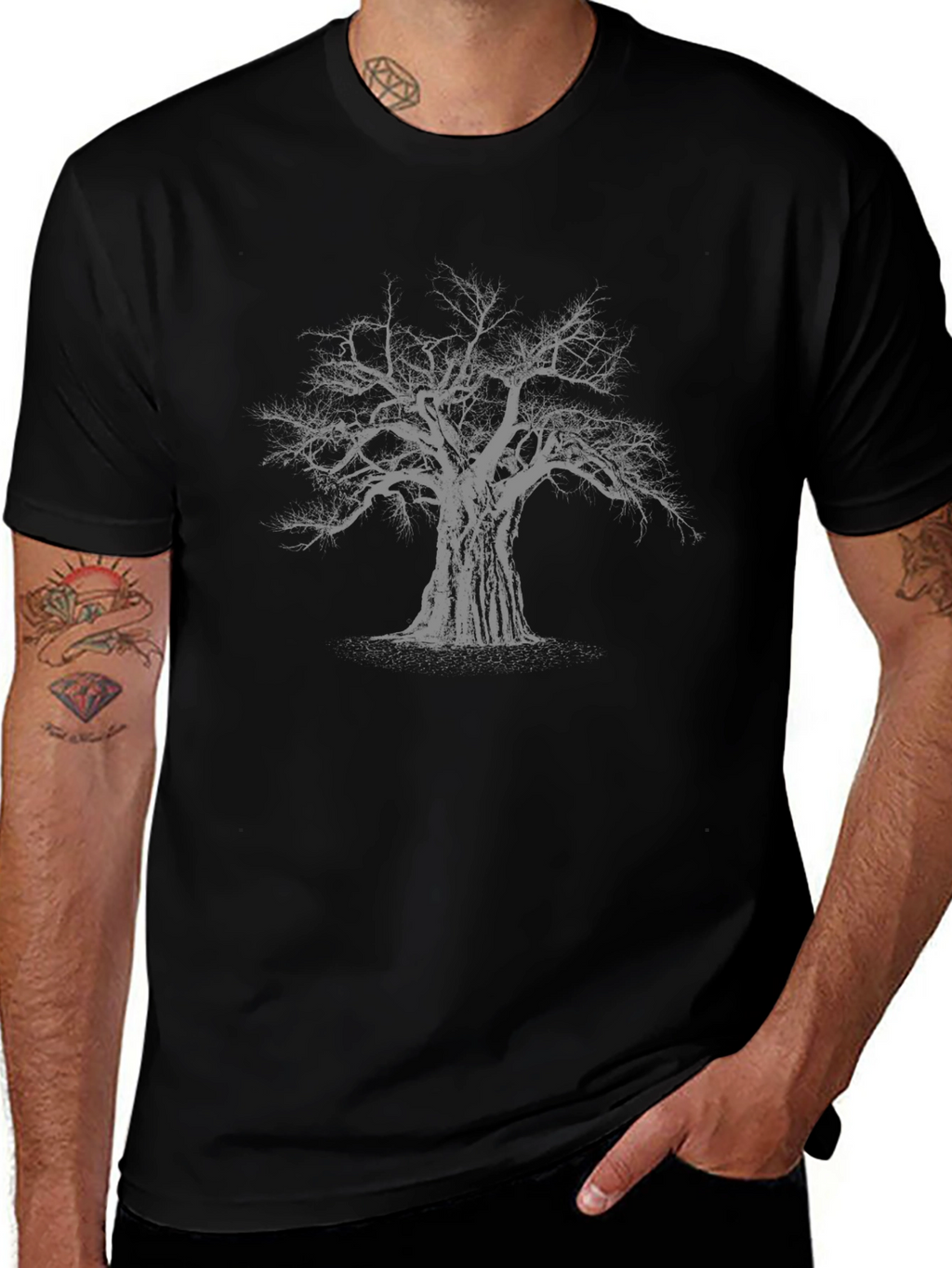 Mens Black T-Shirt with Graphic Tree Print