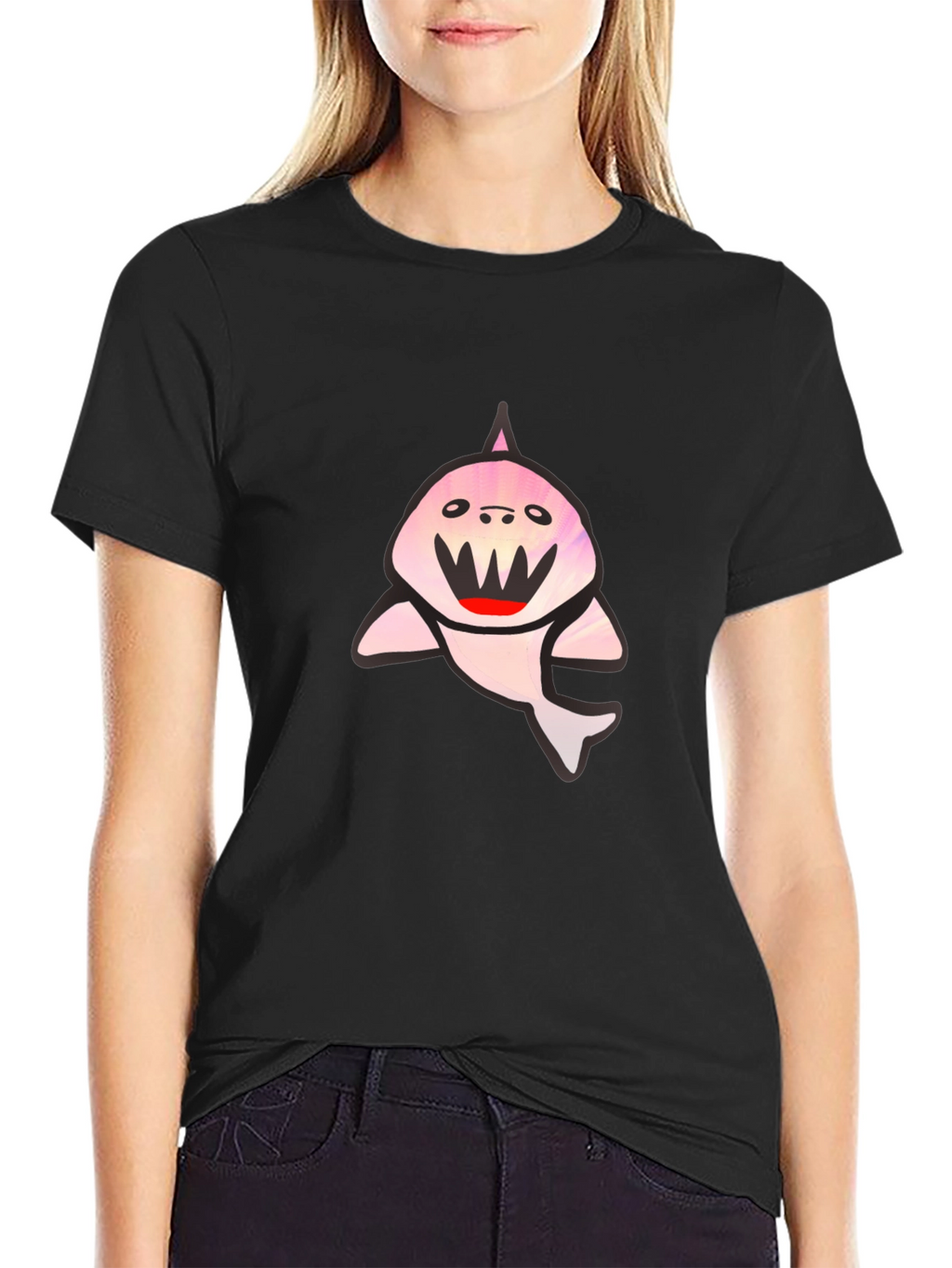 Black T-Shirt with Cute Shark Graphic