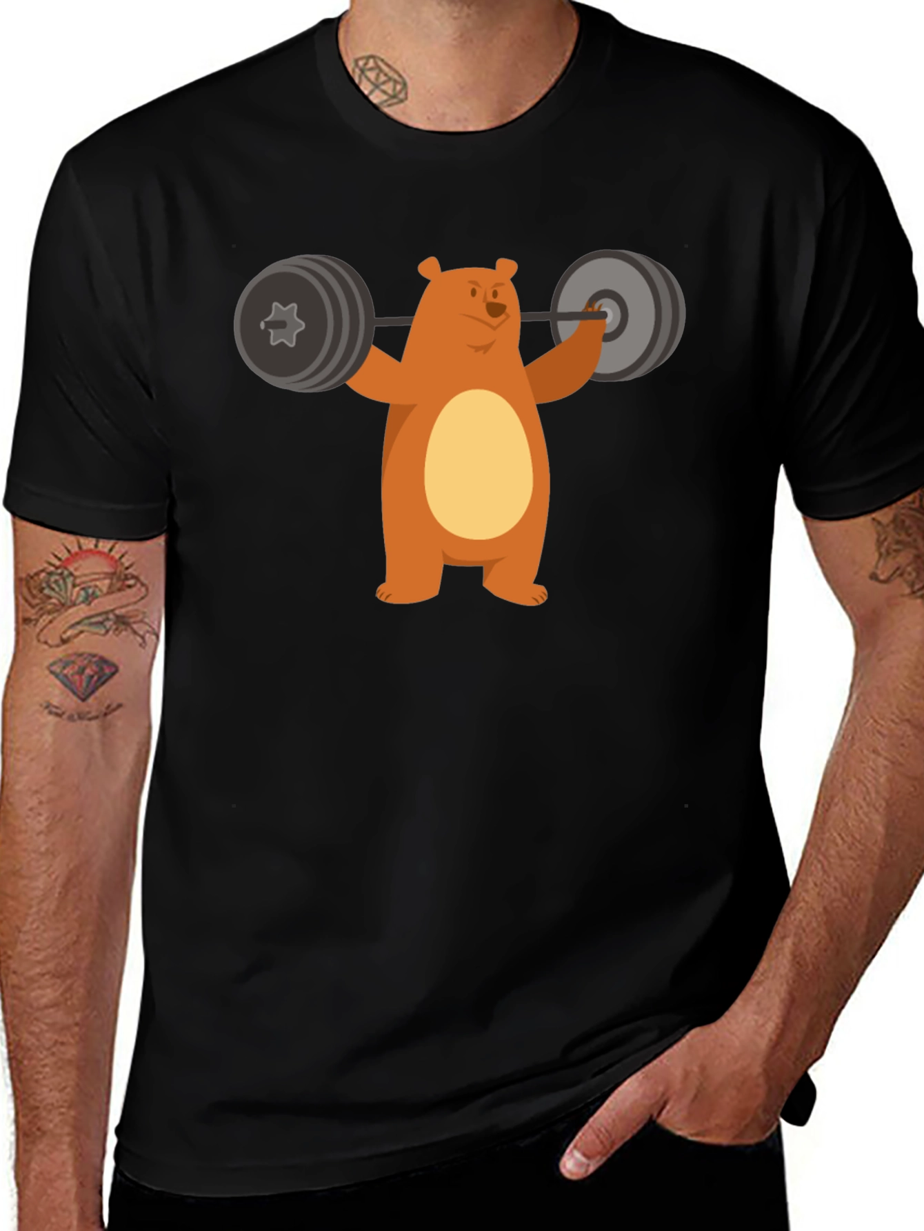 Bear Lifting Weights Graphic Tee - Black Cotton