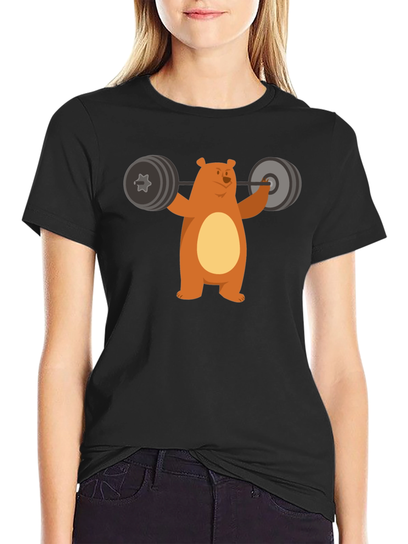 Bear Lifting Weights Graphic Tee - Black Cotton